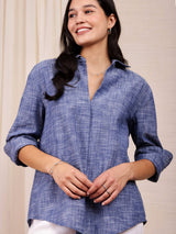 Cotton Solid Chambray Shirt - Blue