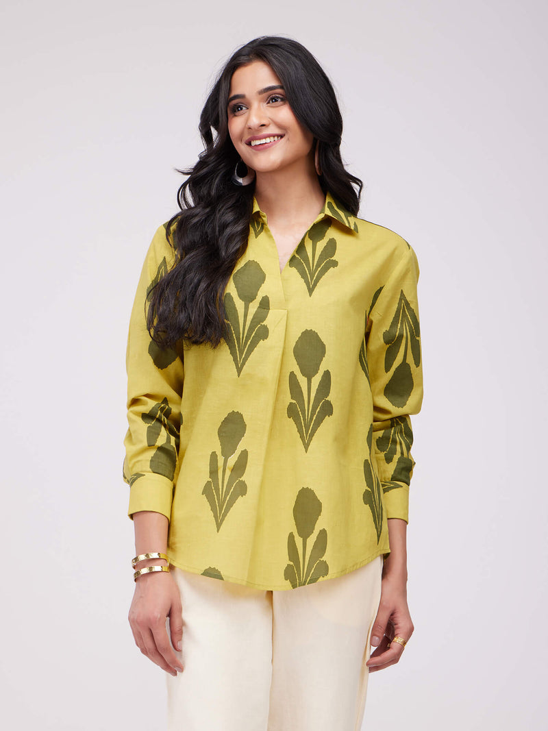 Cotton Ikat Pleated Top - Yellow & Green