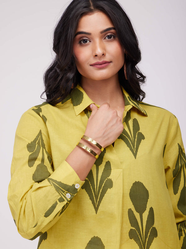 Cotton Ikat Pleated Top - Yellow & Green