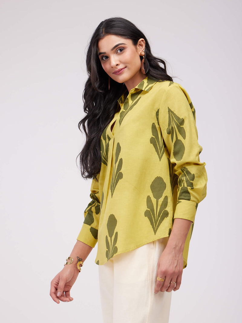 Cotton Ikat Pleated Top - Yellow & Green