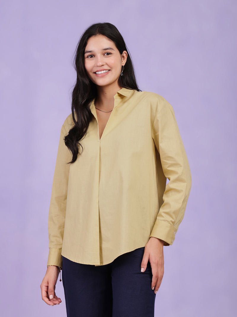 Cotton Solid Pleated Top - Yellow
