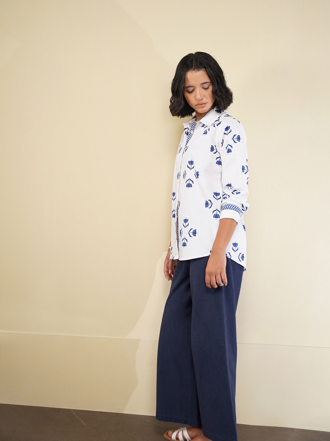 Cotton Floral Motif Shirt - Blue & White