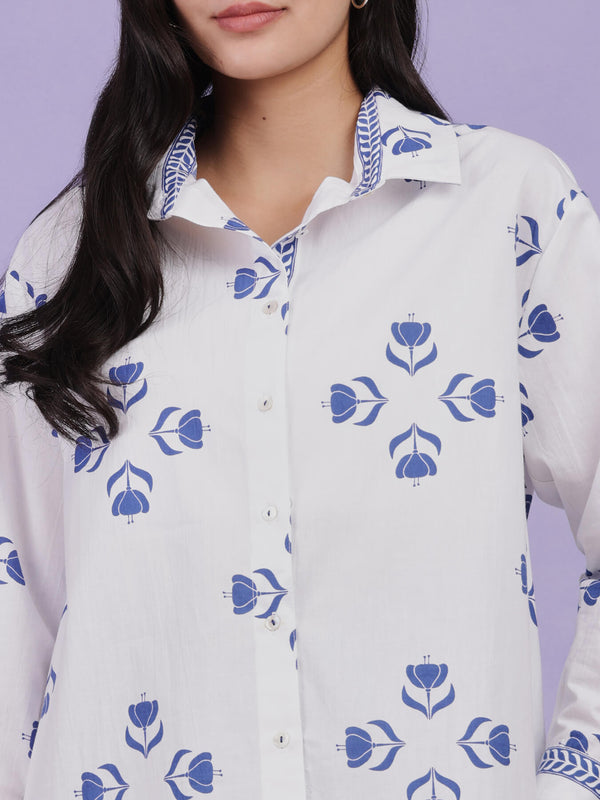 Cotton Floral Motif Shirt - Blue & White