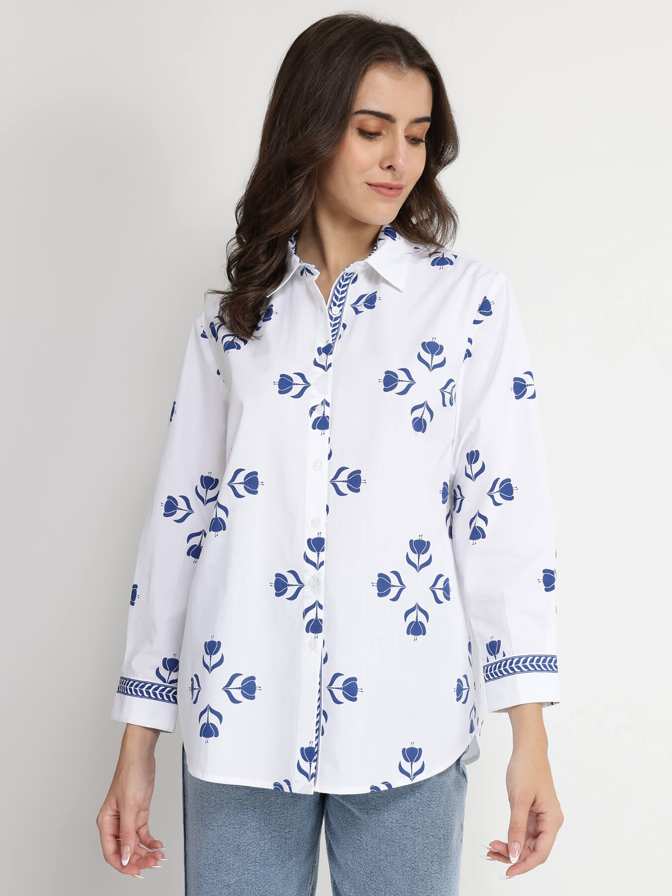 Cotton Floral Motif Shirt - Blue & White