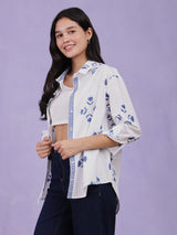 Cotton Floral Motif Shirt - Blue & White