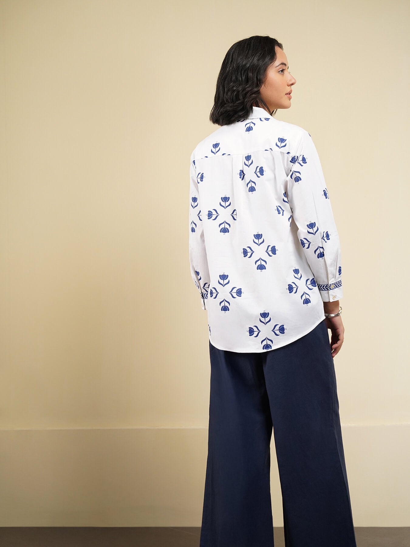 Cotton Floral Motif Shirt - Blue & White