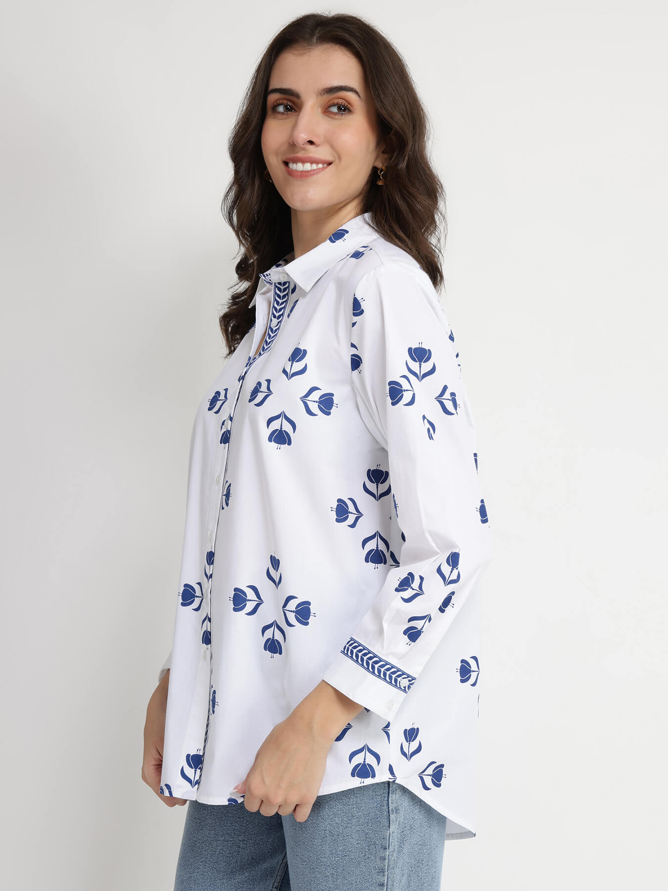 Cotton Floral Motif Shirt - Blue & White