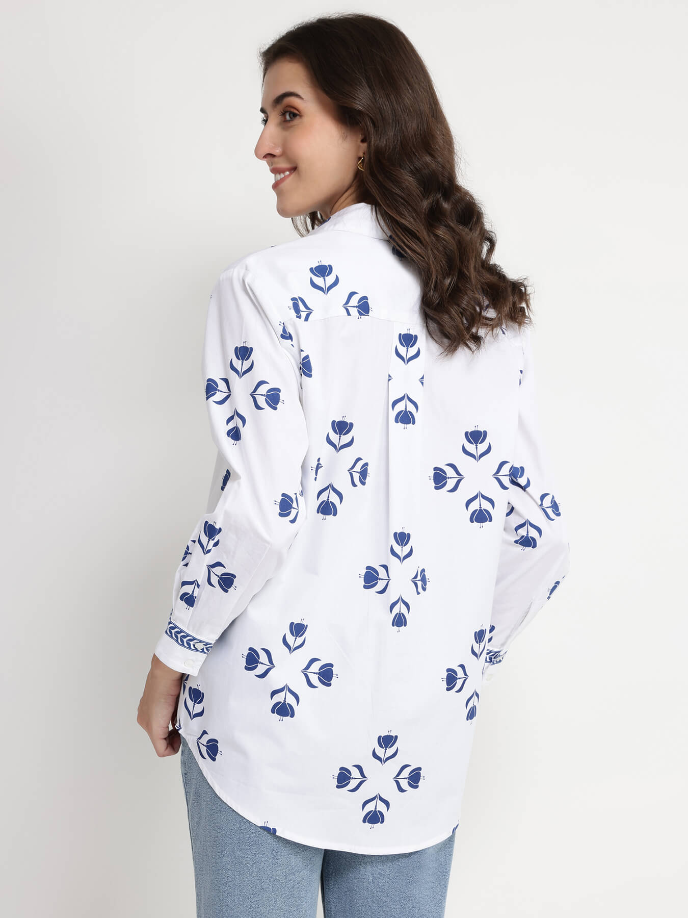 Cotton Floral Motif Shirt - Blue & White