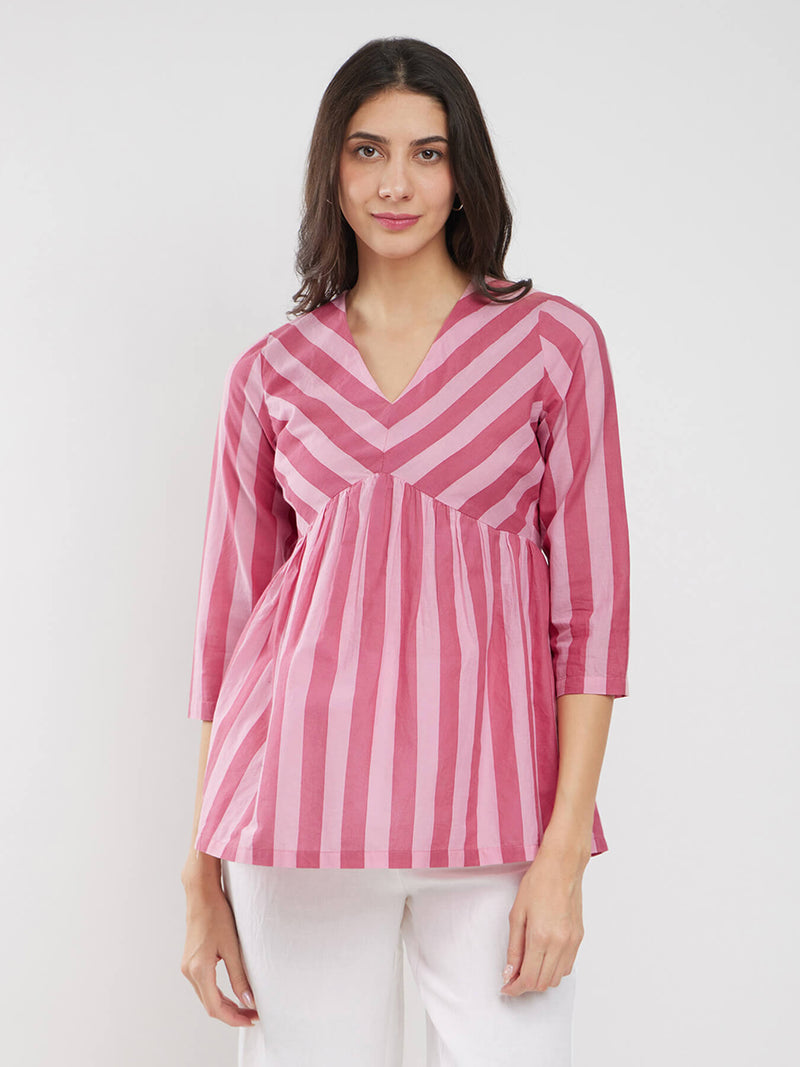 Cotton Striped Gathered Top - Pink