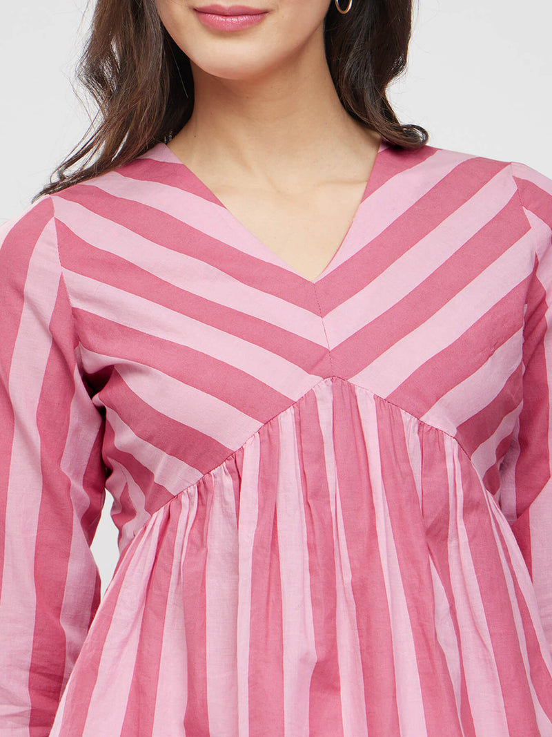 Cotton Striped Gathered Top - Pink