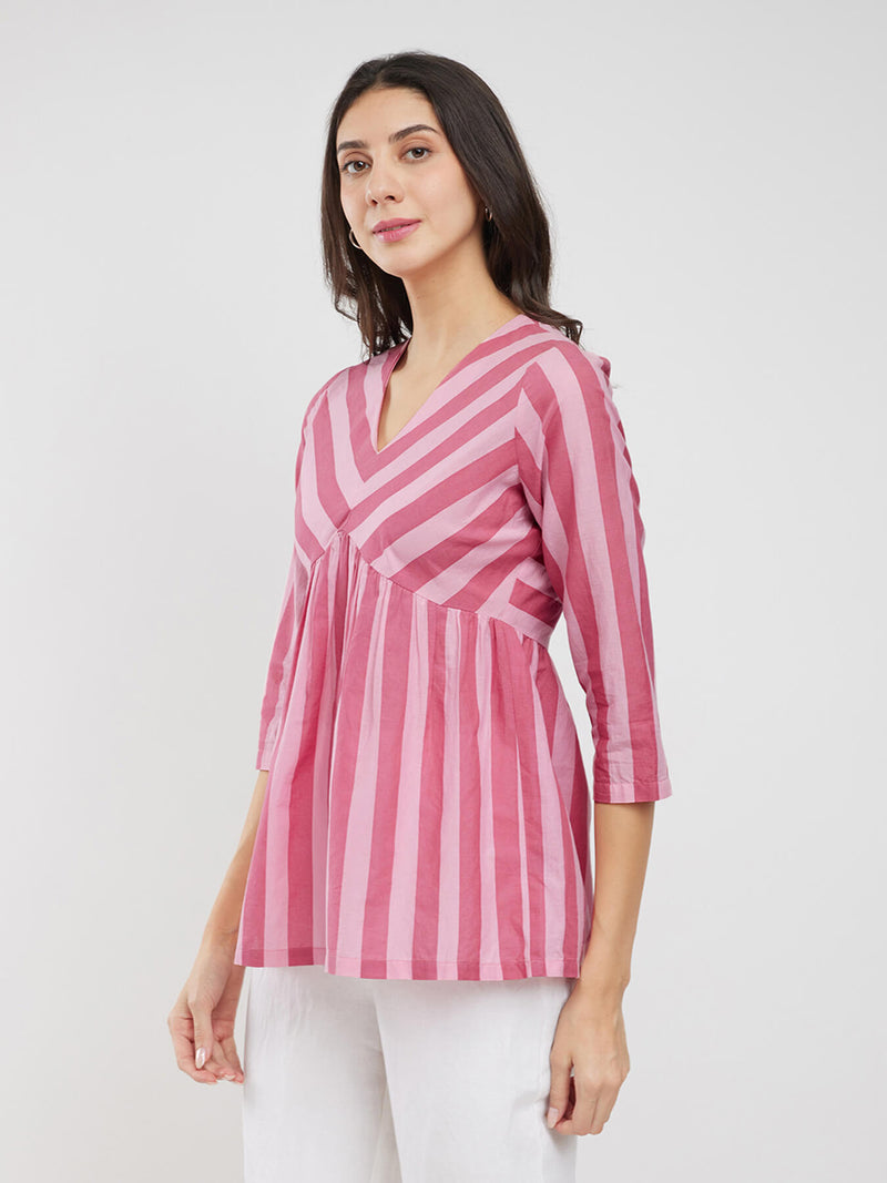 Cotton Striped Gathered Top - Pink