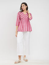 Cotton Striped Gathered Top - Pink