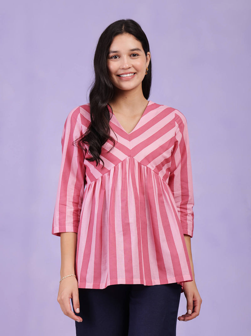 Cotton Striped Gathered Top - Pink