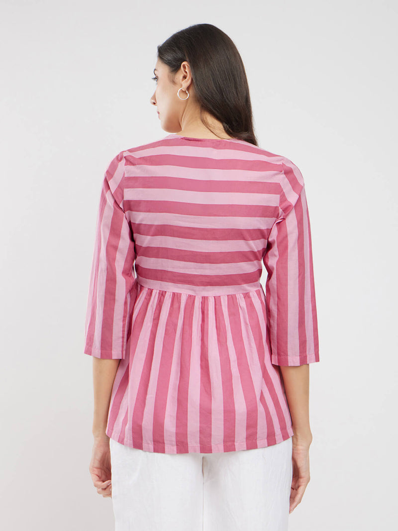 Cotton Striped Gathered Top - Pink