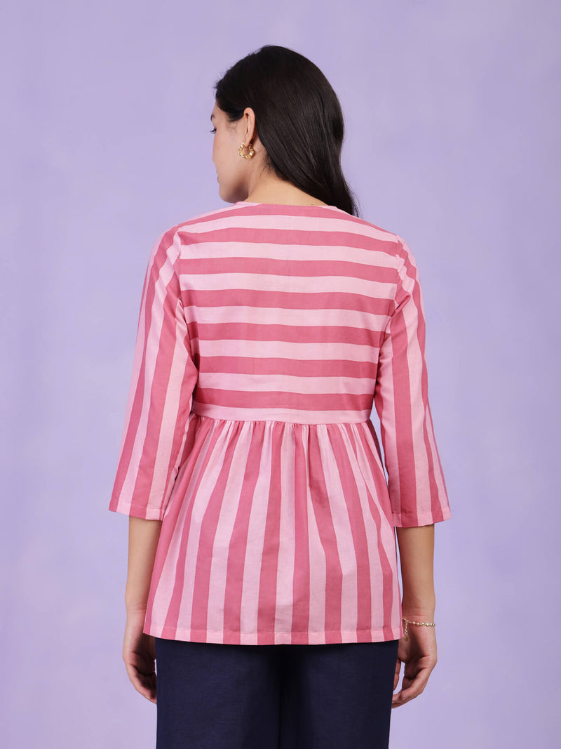 Cotton Striped Gathered Top - Pink