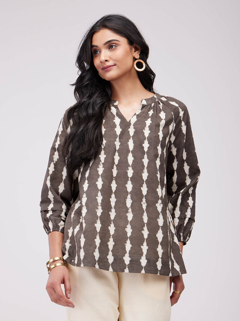 Cotton Dabu Abstract Print Top - Brown