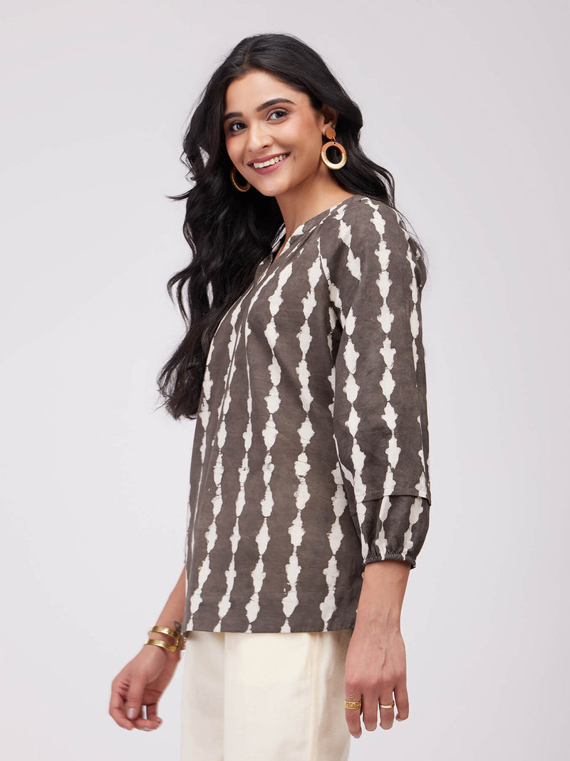 Cotton Dabu Abstract Print Top - Brown