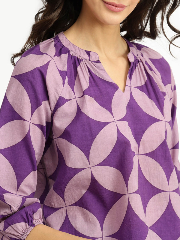 Cotton Geometric Pleated Top - Lavender