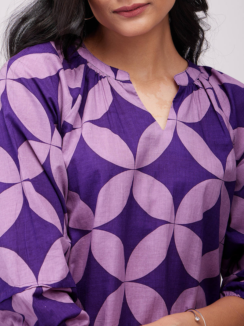 Cotton Geometric Pleated Top - Lavender