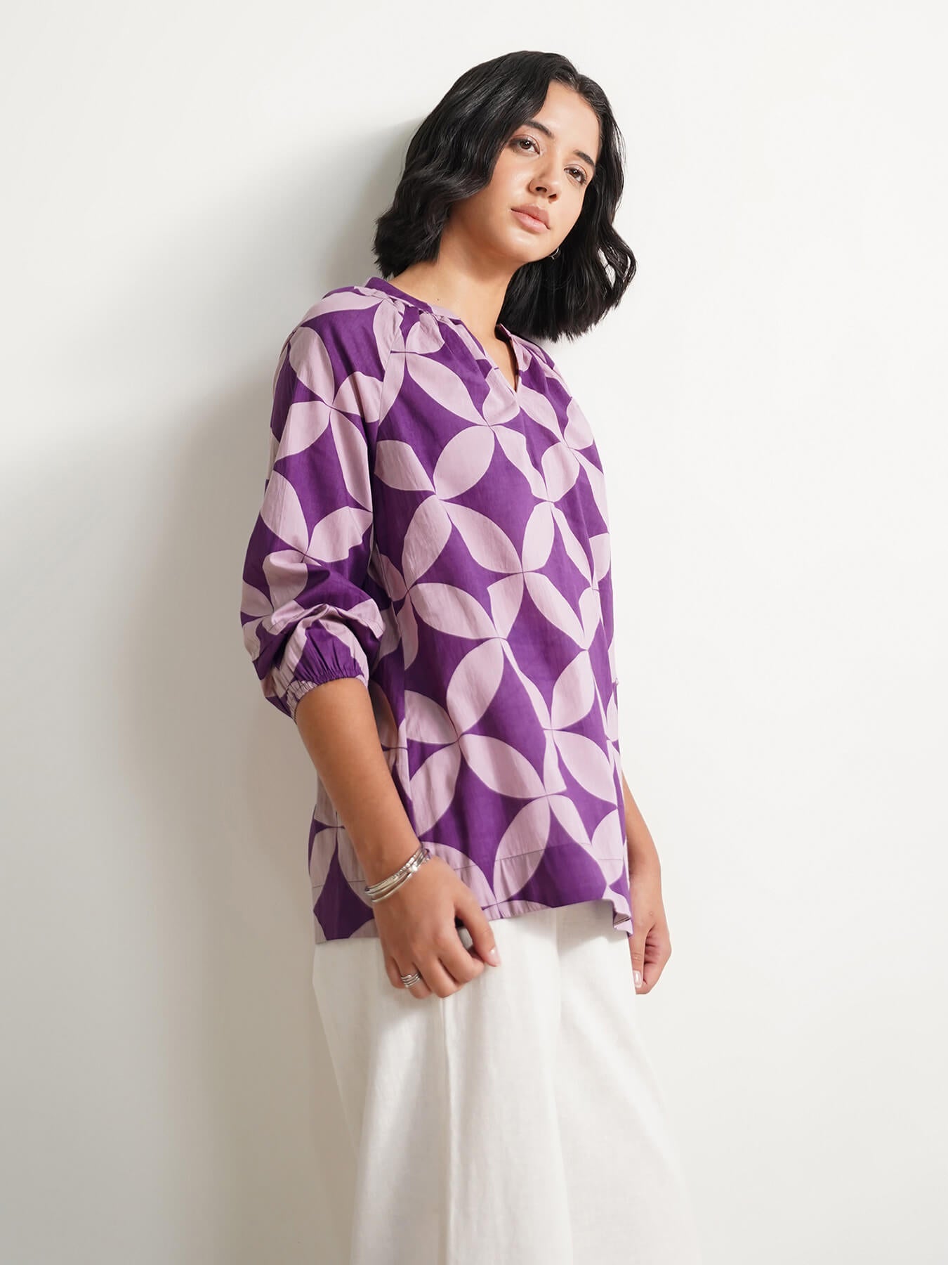 Cotton Geometric Pleated Top - Lavender