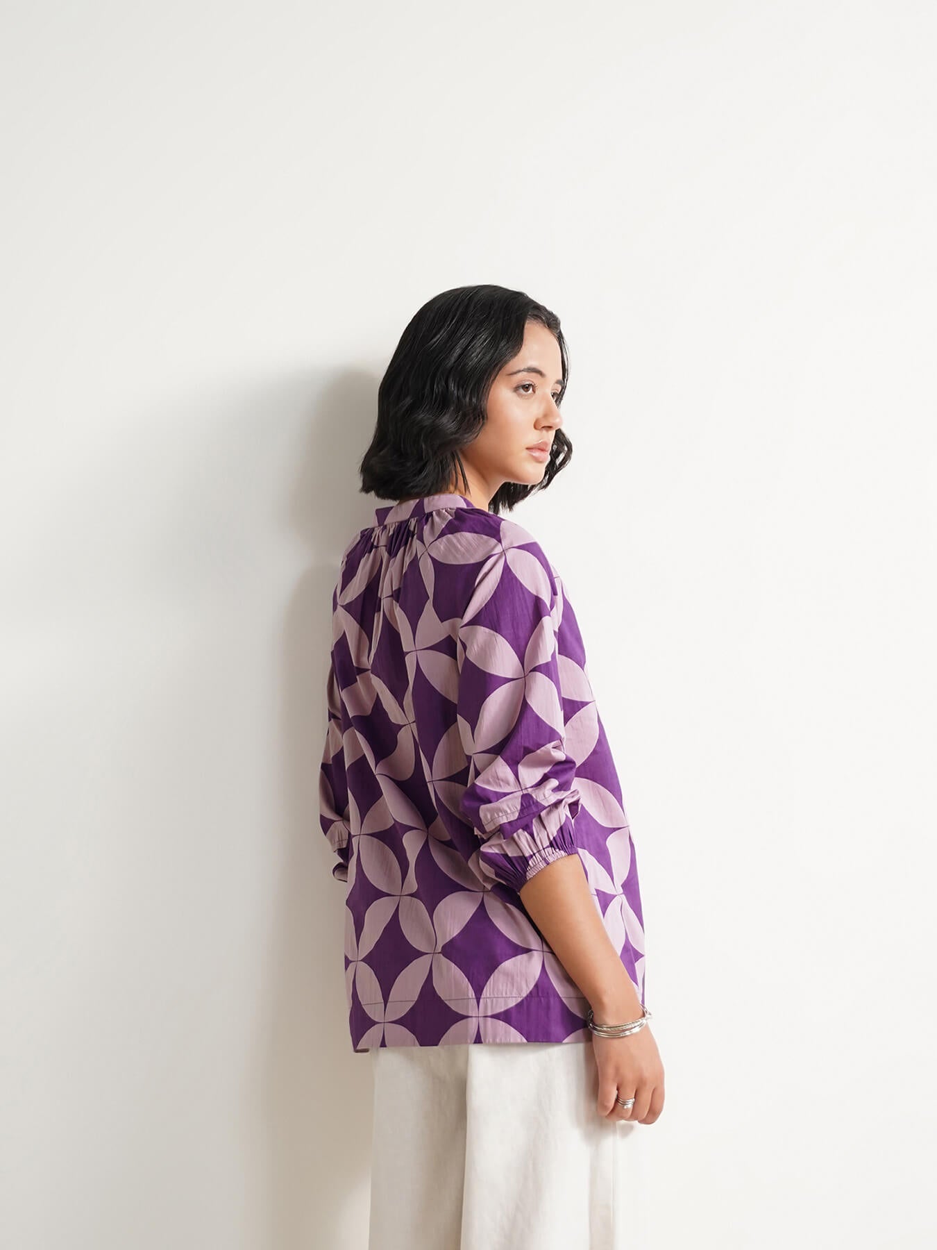 Cotton Geometric Pleated Top - Lavender