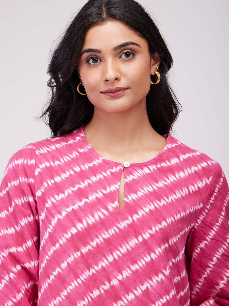 Cotton Shibori Striped Top - Pink