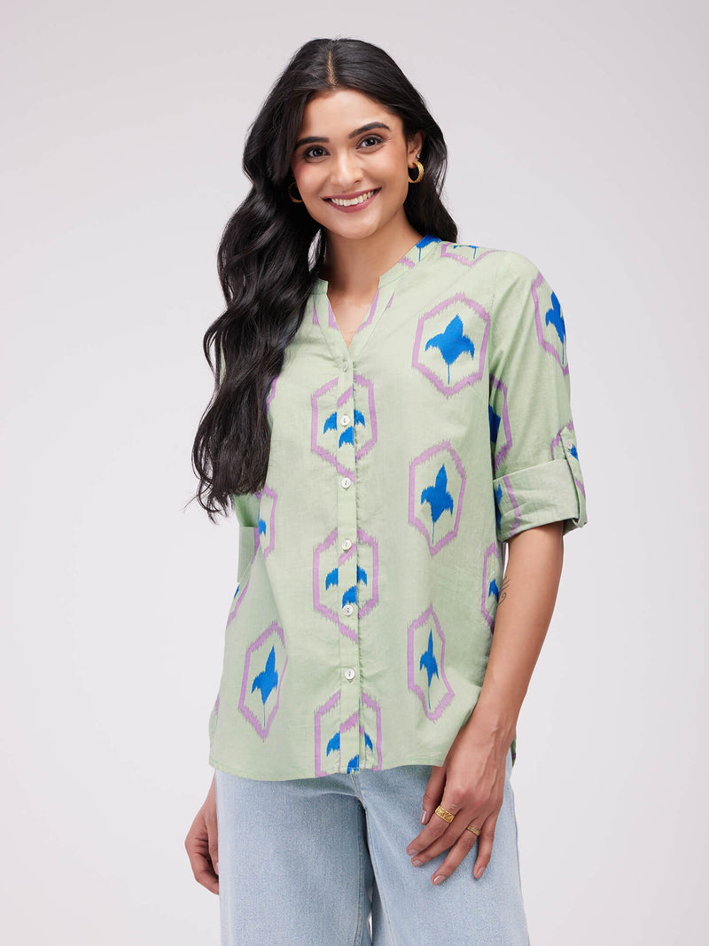 Cotton Ikat Buttoned Top - Green & Blue