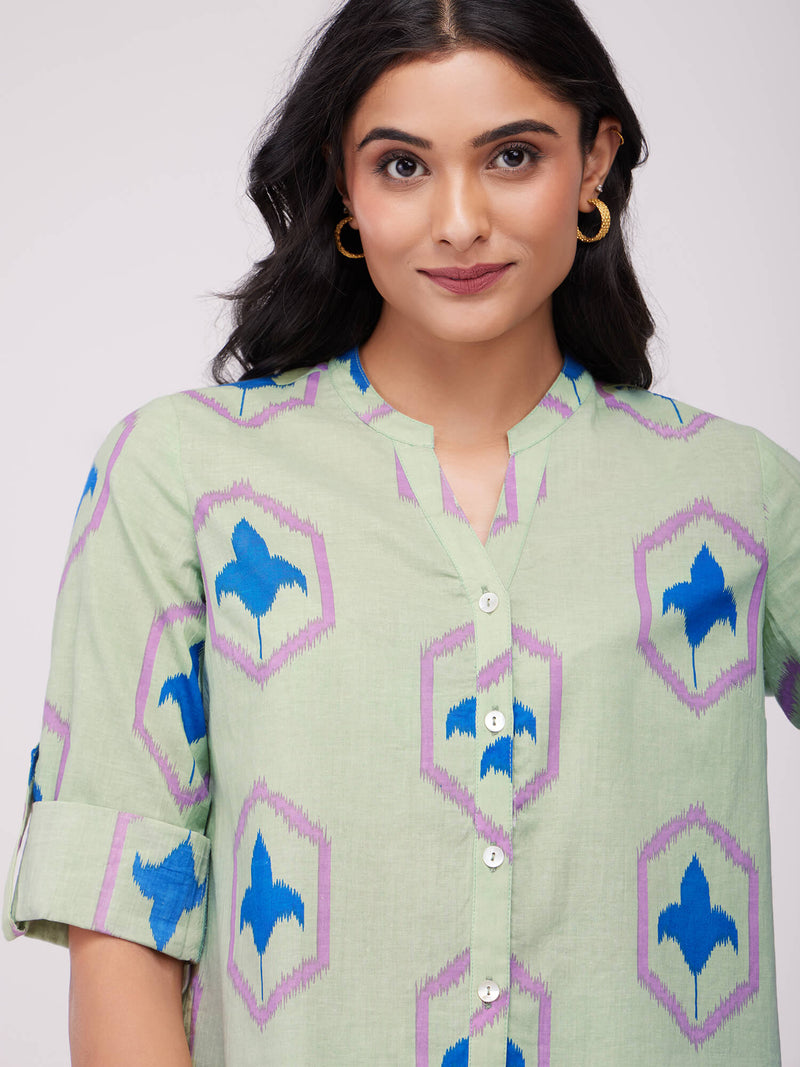 Cotton Ikat Buttoned Top - Green & Blue