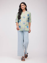 Cotton Ikat Buttoned Top - Green & Blue