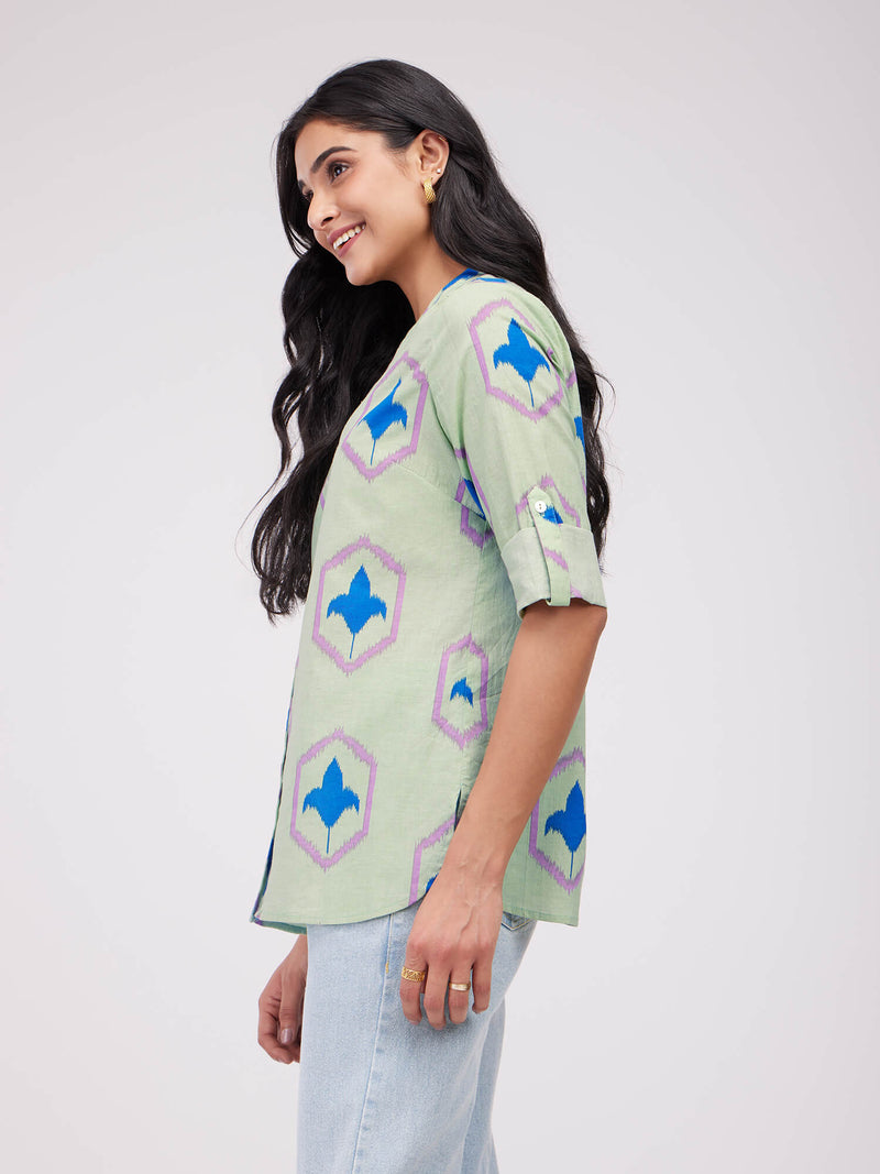 Cotton Ikat Buttoned Top - Green & Blue