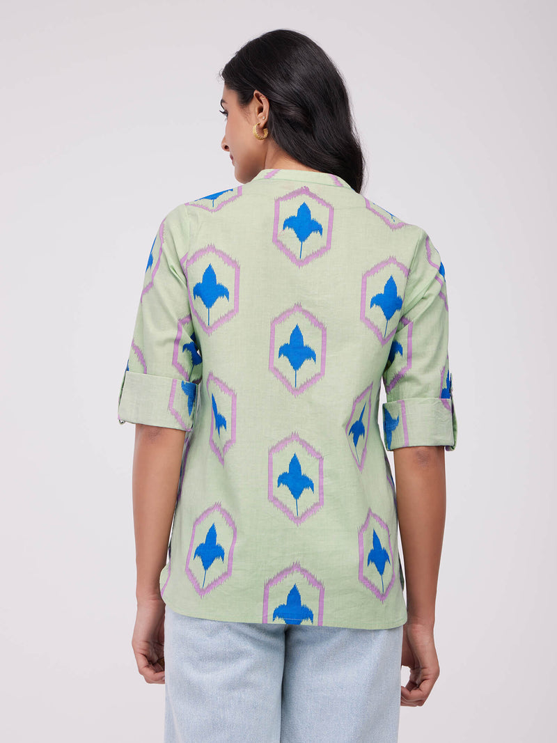 Cotton Ikat Buttoned Top - Green & Blue