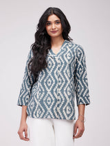 Cotton Dabu Geometric Print Top - Grey