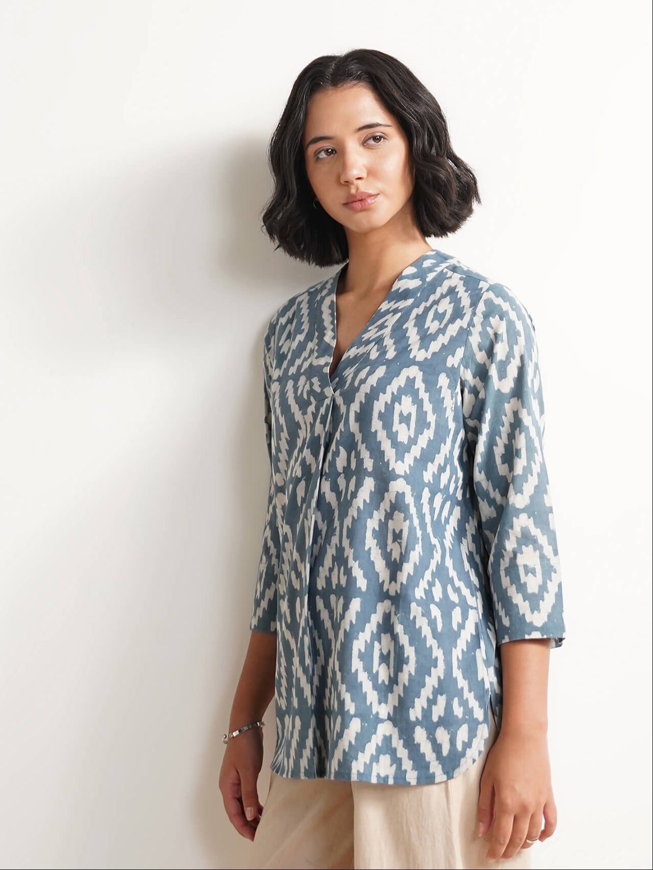 Cotton Dabu Geometric Print Top - Grey