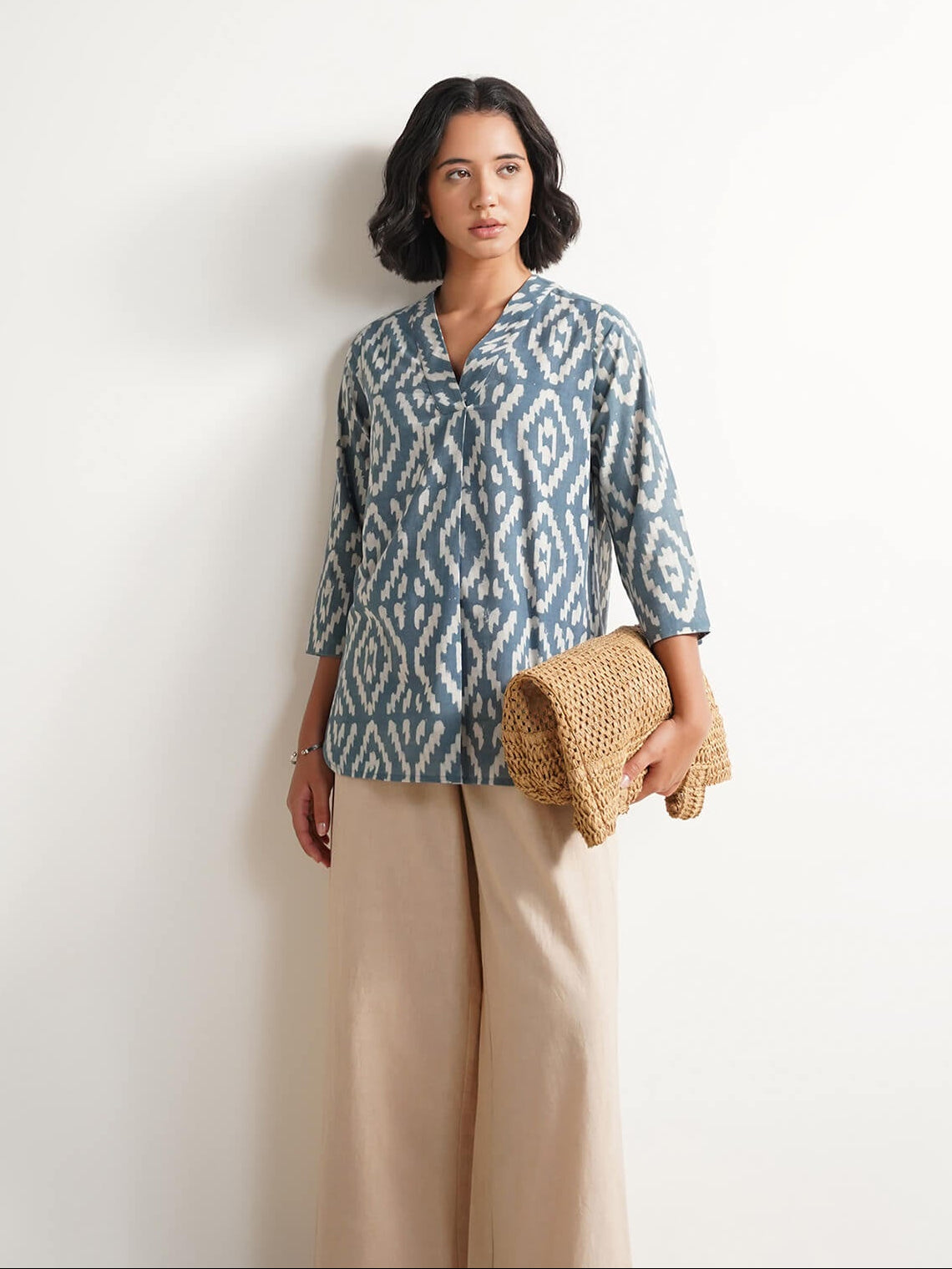 Cotton Dabu Geometric Print Top - Grey