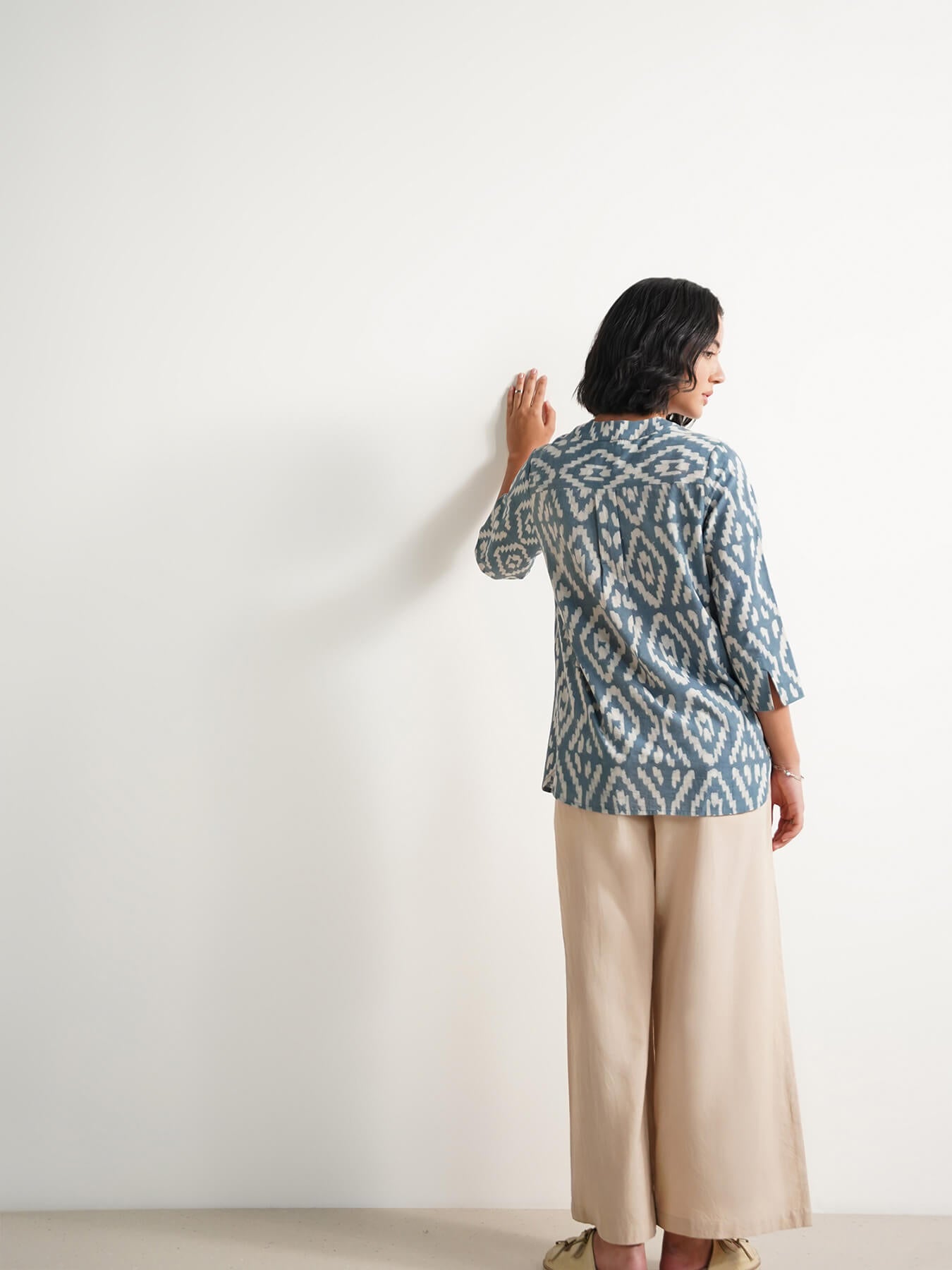 Cotton Dabu Geometric Print Top - Grey