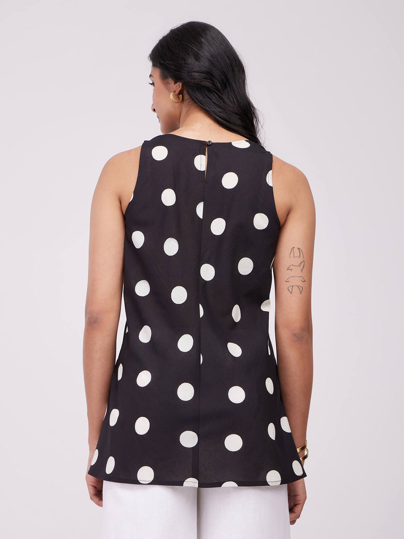 Cotton Polka Sleeveless Top - Black