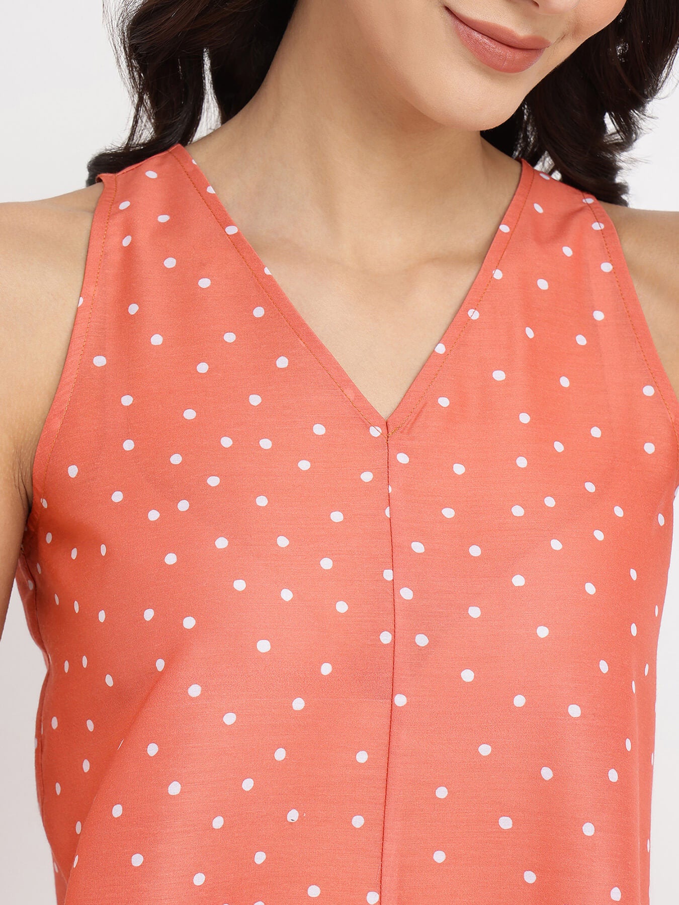 Polka Print Sleeveless Top - Peach & White