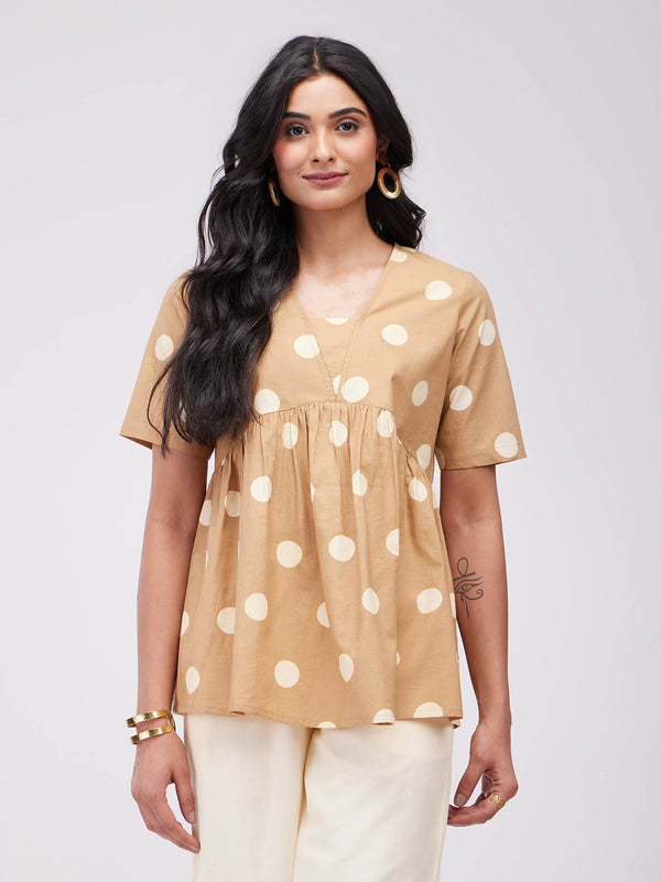 Cotton Polka Print Gathered Top  - Beige