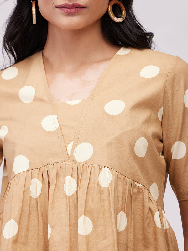 Cotton Polka Print Gathered Top  - Beige