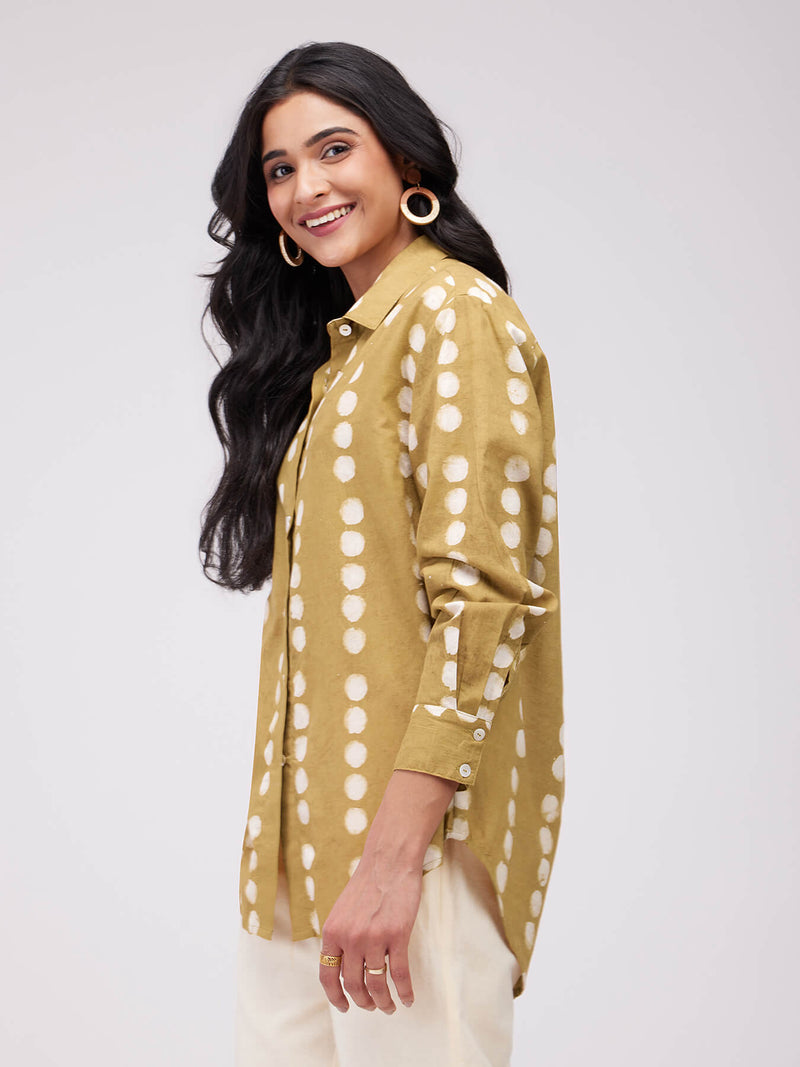 Cotton Dabu Polka Print Shirt - Mustard