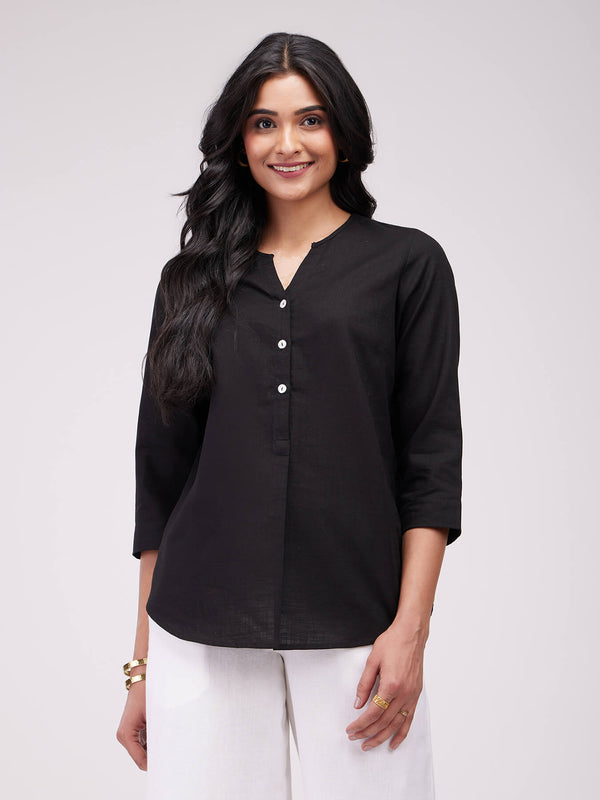 Cotton Solid Pleated Top - Black