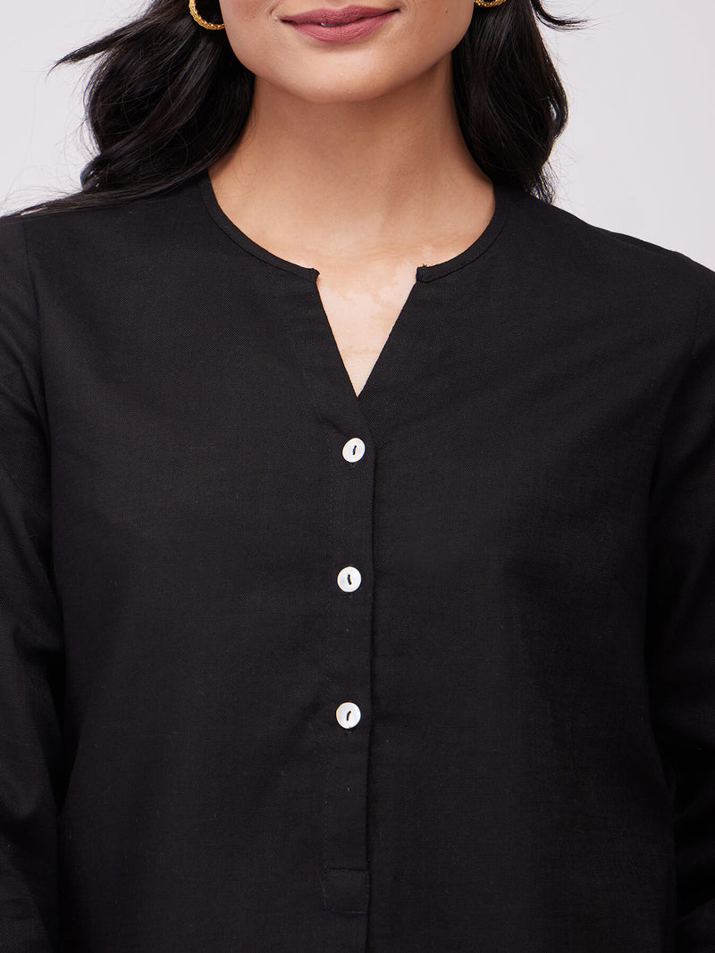 Cotton Solid Pleated Top - Black