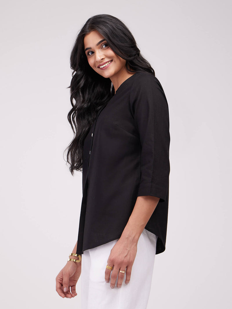 Cotton Solid Pleated Top - Black