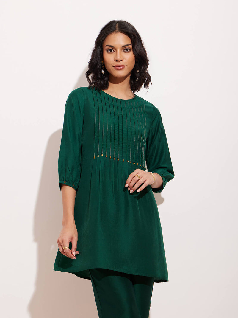 Pintuck Gold Detail Tunic - Green