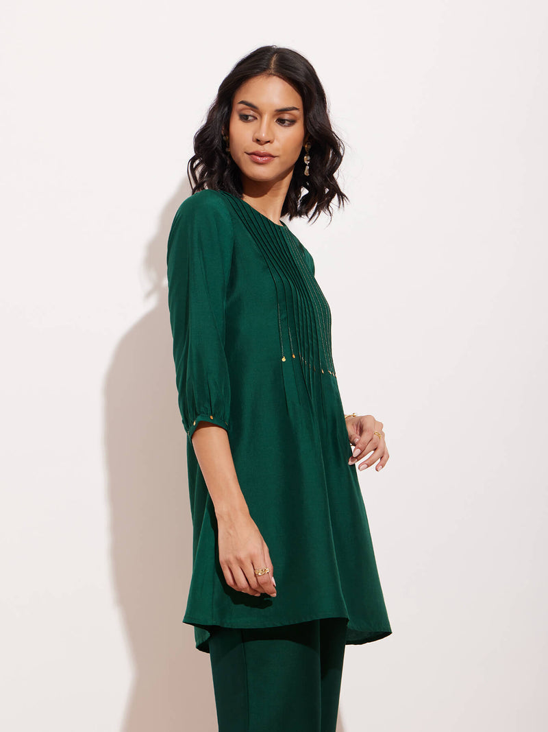 Pintuck Gold Detail Tunic - Green