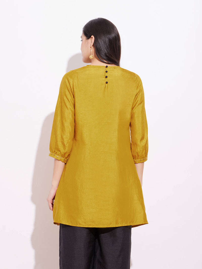 Silk Blend Solid Pintuck Tunic - Mustard