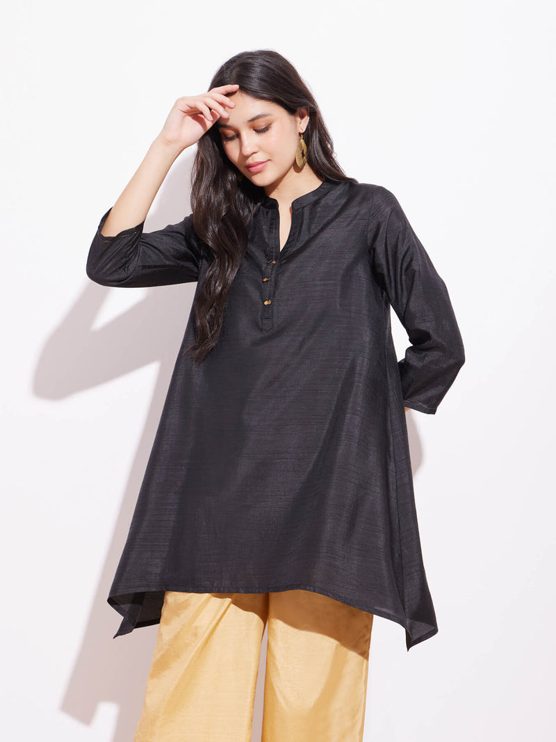 Silk Blend Solid Asymmetrical Tunic - Black