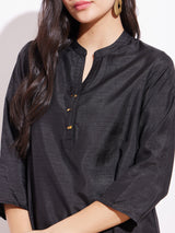 Silk Blend Solid Asymmetrical Tunic - Black