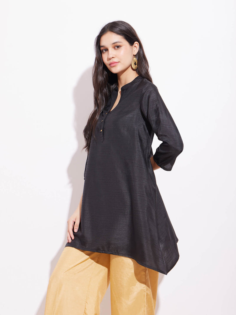 Silk Blend Solid Asymmetrical Tunic - Black