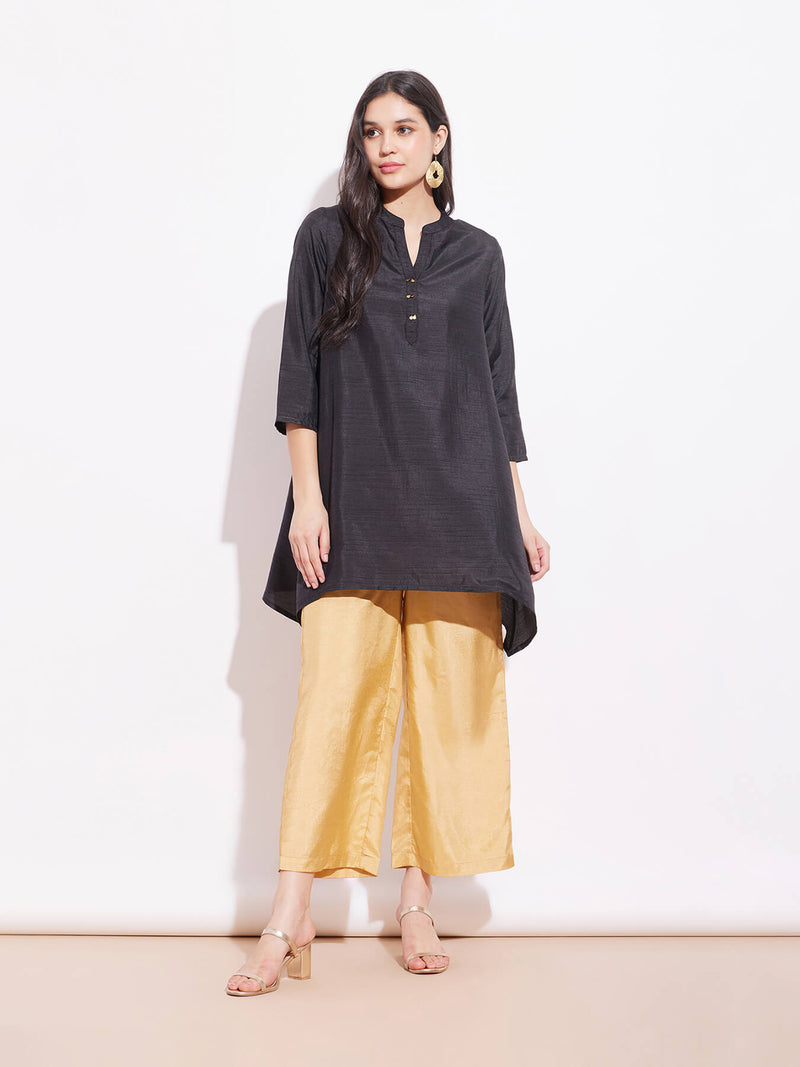 Silk Blend Solid Asymmetrical Tunic - Black